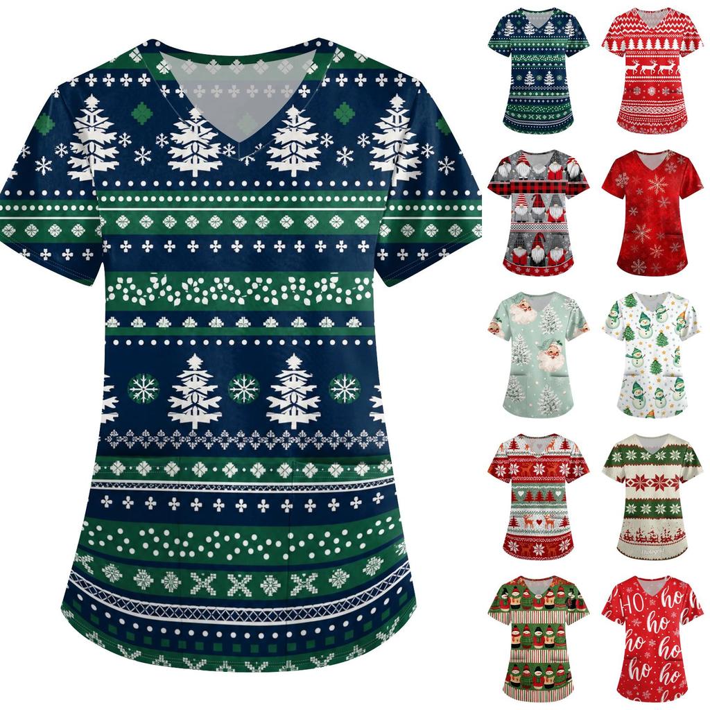 Women's Casual Fashion Printed Neck Top with Three-Quarter Sleeves for Christmas