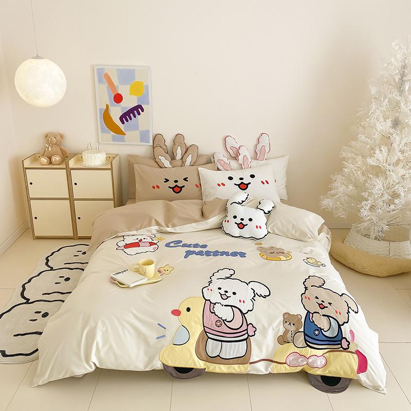 

Cartoon Style Cotton Three-Dimensional Heavy Industry Embroidery Four-Piece Set Washed Cotton Thickened Girl Heart Quilt Cover Bed Sheet Bedding 1.2m Sheet 3pc: quilt cover 150 * 200cm