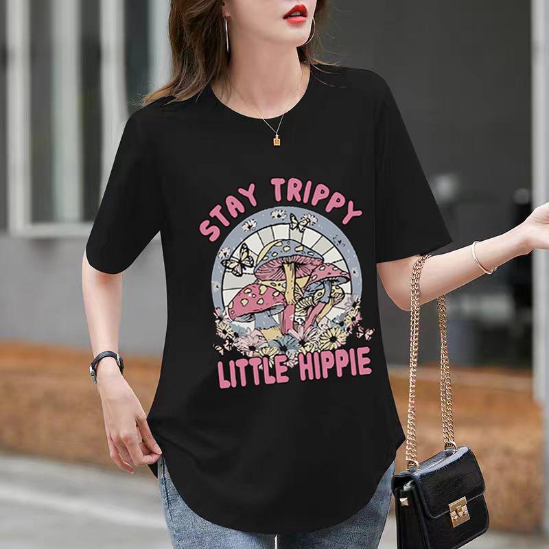 Dopamin Mittellanges Top Weißes T-Shirt für Damen im Sommer Reine Baumwolle Kurze Ärmel Vordere Schulter Rundhalsausschnitt Geschwungener Unterfuß