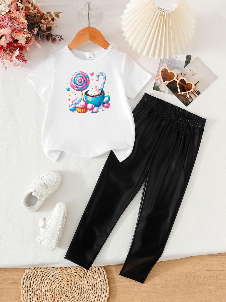 Summer Girls' Fashionable Two-Piece Clothing Set: Short Sleeve Top & Printed Long Pants