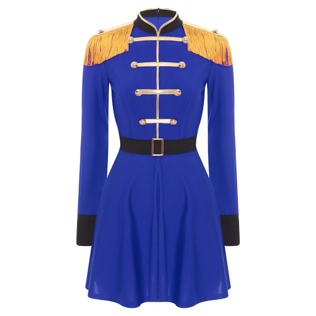 Womens Lion Tamer Costume Tassel Shoulder Long Sleeve Circus Ringmaster Dress Belted Halloween Outfit