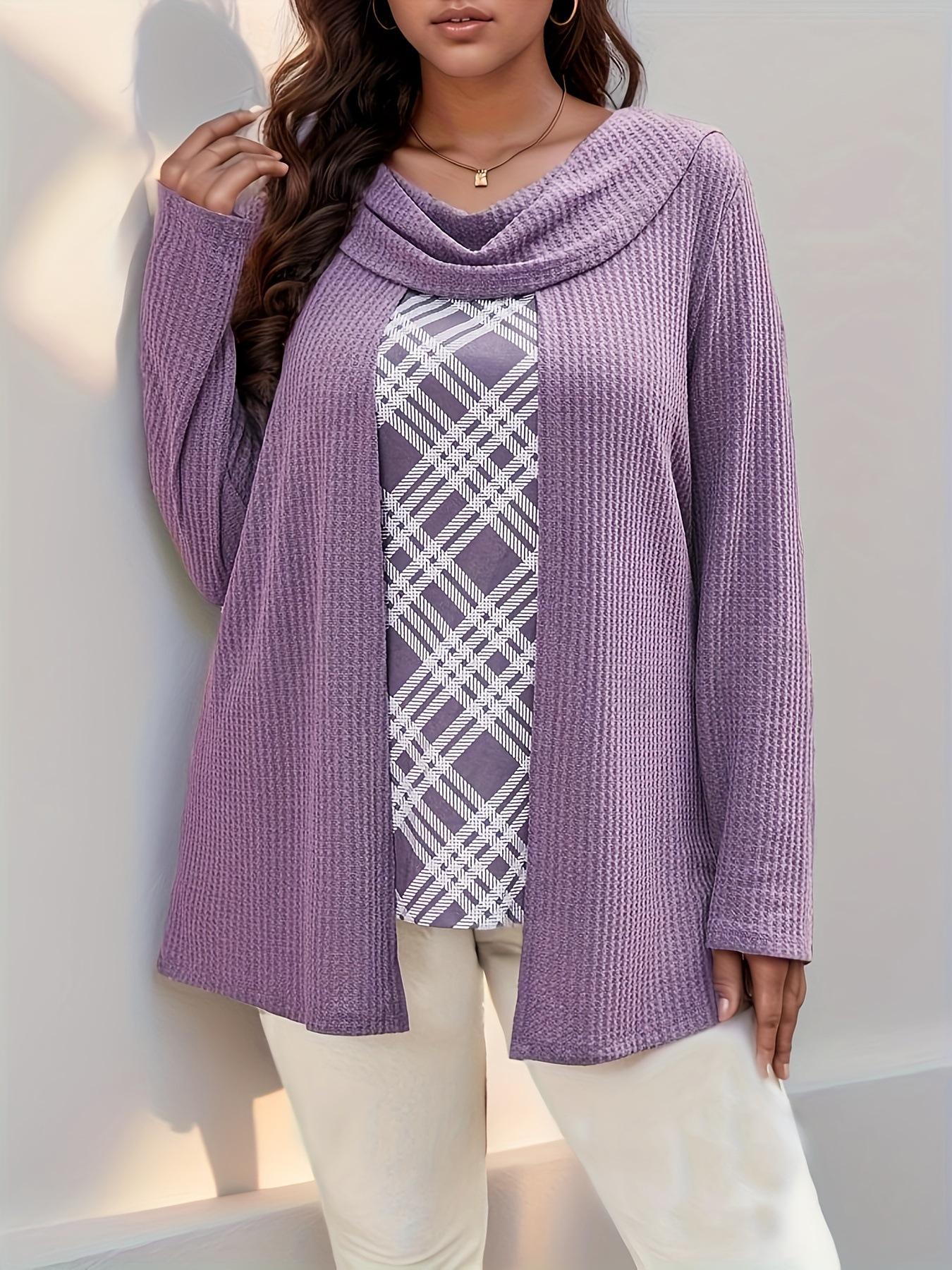 

2025 Autumn-Winter Women s Plus Size Solid Color Print Patchwork Two-Piece T-shirt XL Фіолетовий