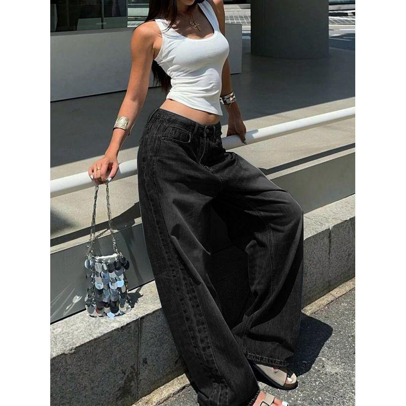 Retro Blue Washed Straight-leg Denim Female American Stylish Loose Easiest for Match Casual Wide-Leg Draggle-Tail Trousers