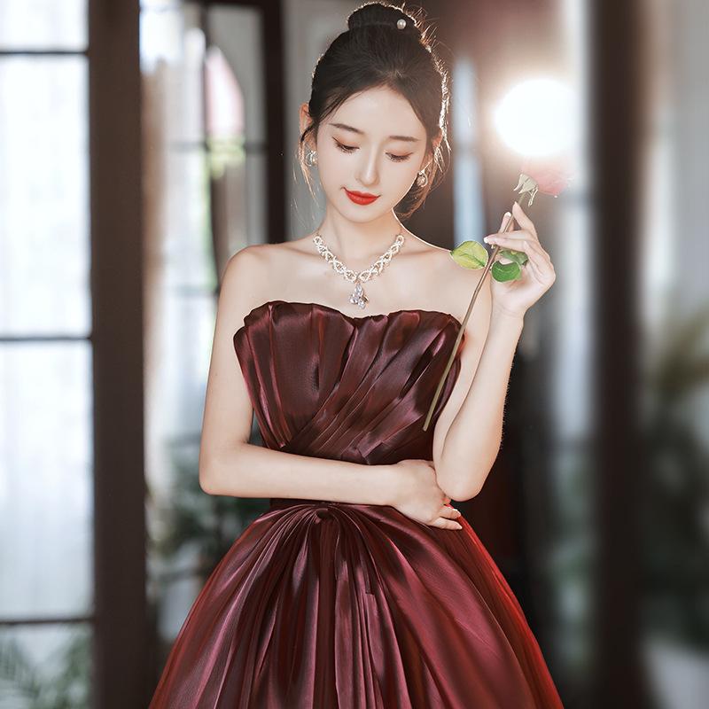 Bridal toast 1011 new women's summer tube top burgundy waist thin long wedding banquet engagement evening dress