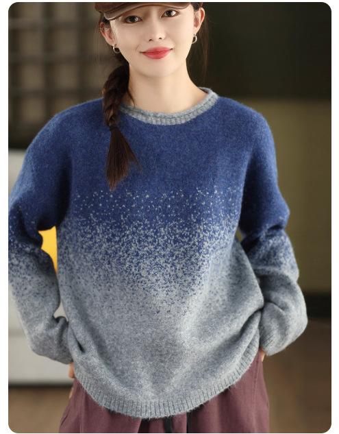 

Johnature Women Vintage Pullover Sweaters Gradient Color Autumn O-Neck Long Sleeve Knitted Female Sweaters One Size синій