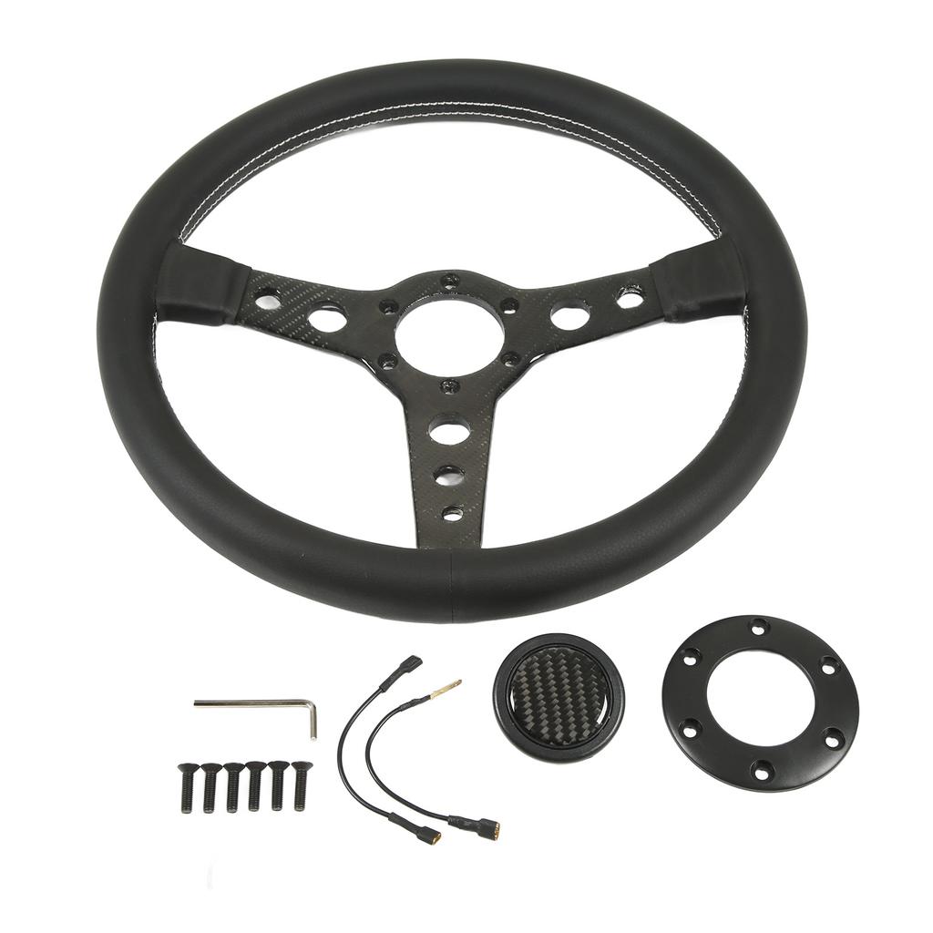 Carbon Fiber Steering Leather Wheel White Stitching 350mm 6 Holes Universal for Car Modification