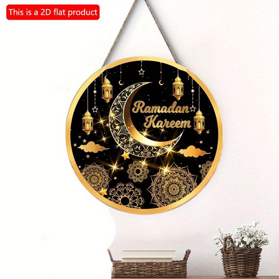 2D flach 20*20cm 1 Stück Ramadan Kareem Goldene Mond&Laternen Muster Schöne Islam Muslimische Partyzubehör, Geeignet zum Aufhängen an der Decke Runde Holzornament