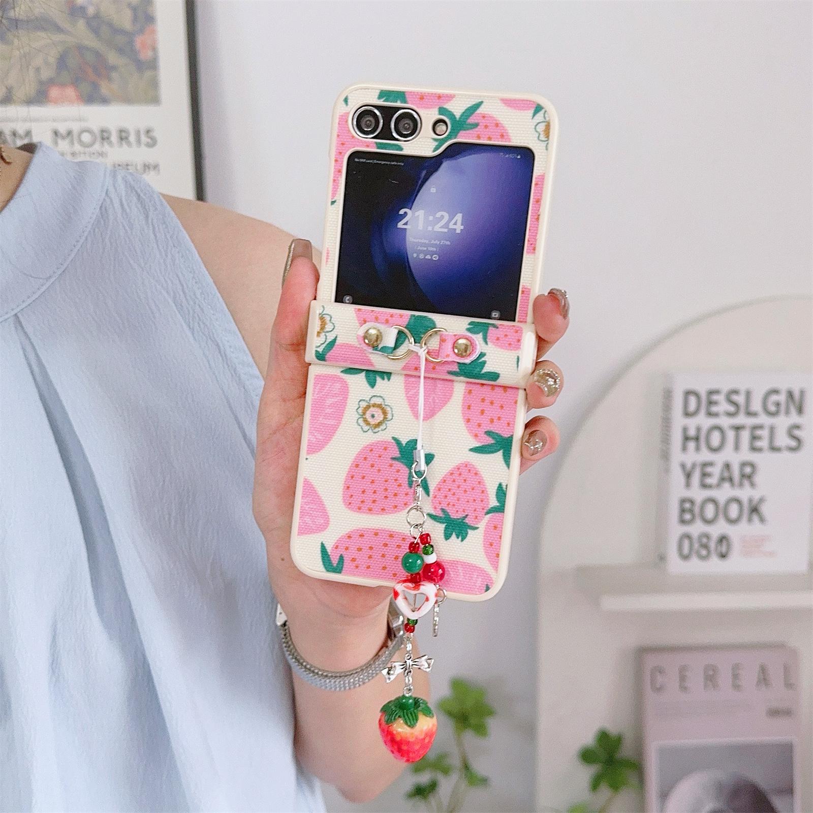 

For Samsung Galaxy Z Flip5 5G Wholesale Phone Case PC+PU Leather Phone Shell with Strawberry Pendant Pink