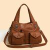 Women's Brown Textured Leather Hobo Bag Braided Detail Multi-Pocket Crossbody Shoulder Bag Fashion Casual Daily Handbag