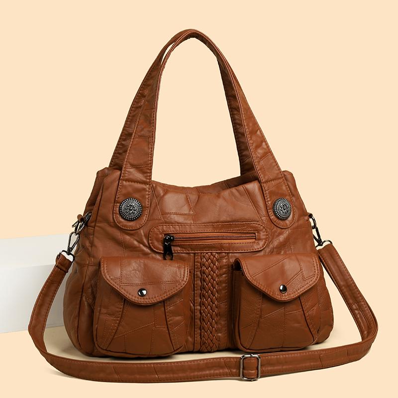 Women's Brown Textured Leather Hobo Bag Braided Detail Multi-Pocket Crossbody Shoulder Bag Fashion Casual Daily Handbag
