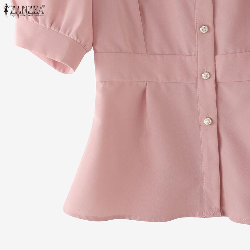 ZANZEA Women Casual Round Neck Short Sleeve Beading Peplum Blouse