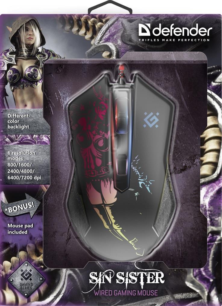 Mysz przewodowa Defender Sin'Sister GM-933 7200dpi 6P + podkładka Gaming + GRA