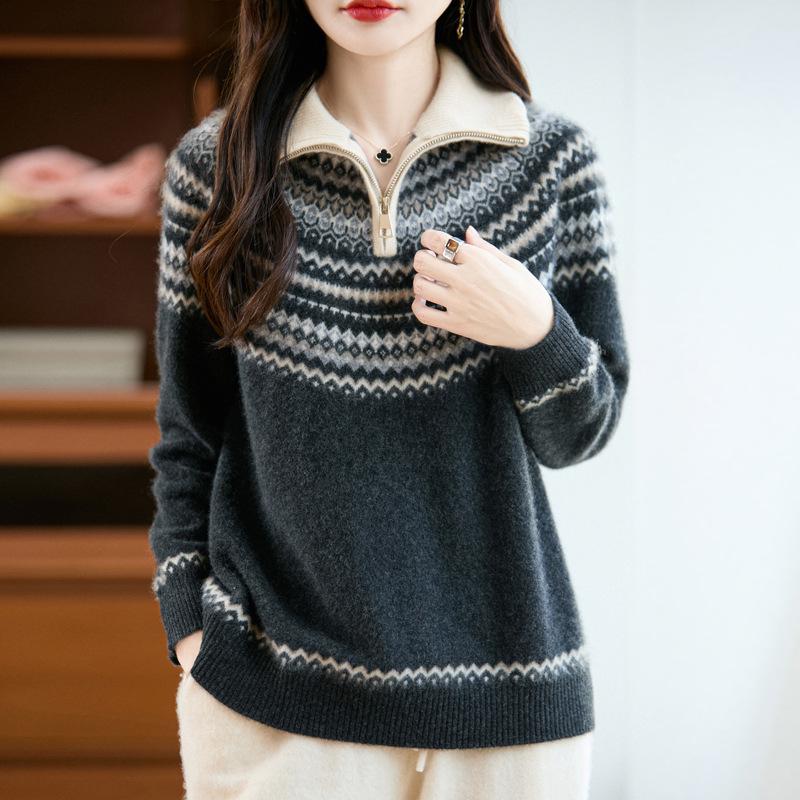 Women's Retro Pure Wool Jacquard Stripe Sweater Jacket with Zipper Stand Collar