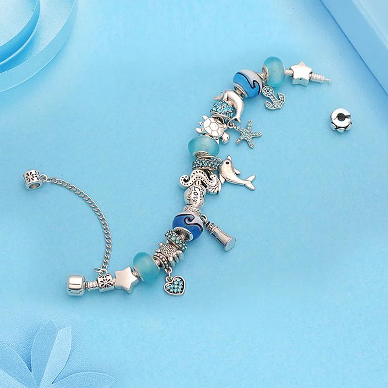 Klassisches Design Delfin-Charm-Armbänder und Armreifen für Frauen, Schmuckgeschenk, blaues Murano-Kristallglas, DIY-Perlenarmbänder