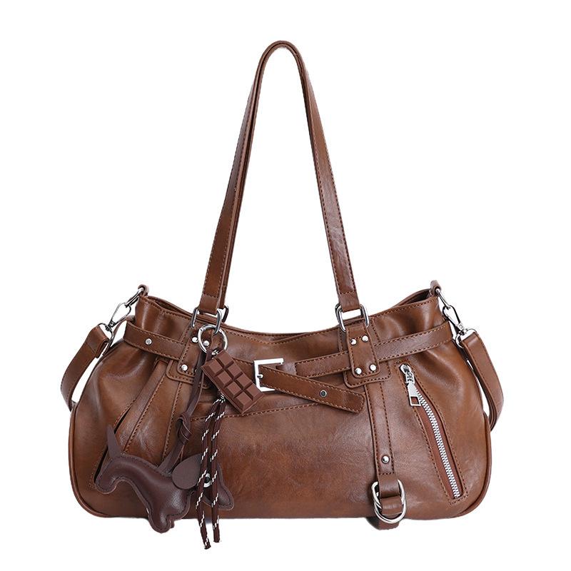 Borsa a Spalla Hobo Vintage Marrone Multitasche in Morbida PU con Ciondolo Cane da Donna per Uso Quotidiano Casual Borsa a Tracolla