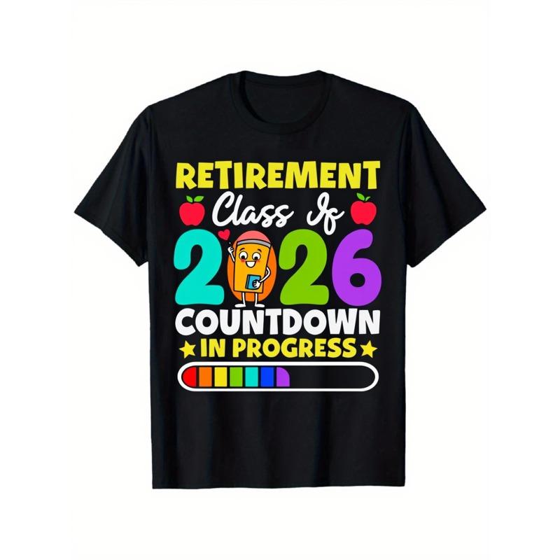 Women S Retirement Class of 2026 Countdown T-Shirt  Colorful Leopard Print & Progress Bar Graphic, Breathable Black Short Sleeve Round Neck Casual Top S