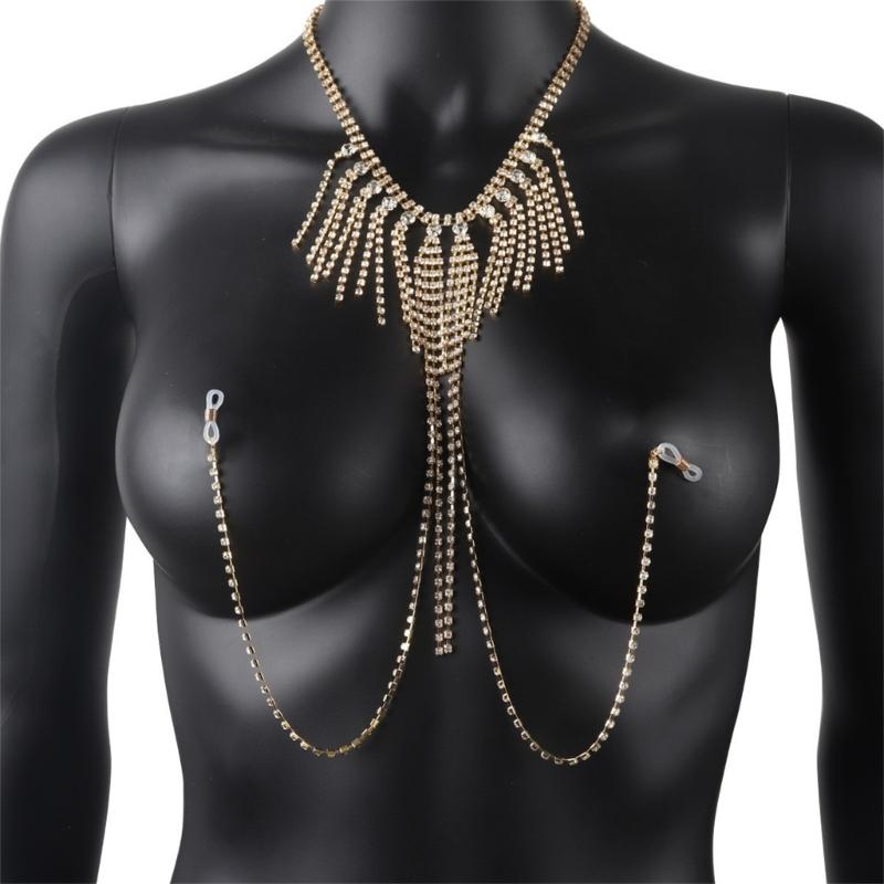 Crystal Rhinestones Fringe Body Chain Necklace Stylish Bra Chain Fashion Neck Jewelry Piece For Evening Event