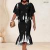 Women Plus Size Red Black Printed Round Neck Batwing Sleeve Ruffle Hem Top Fishtail Skirt Two Piece Set