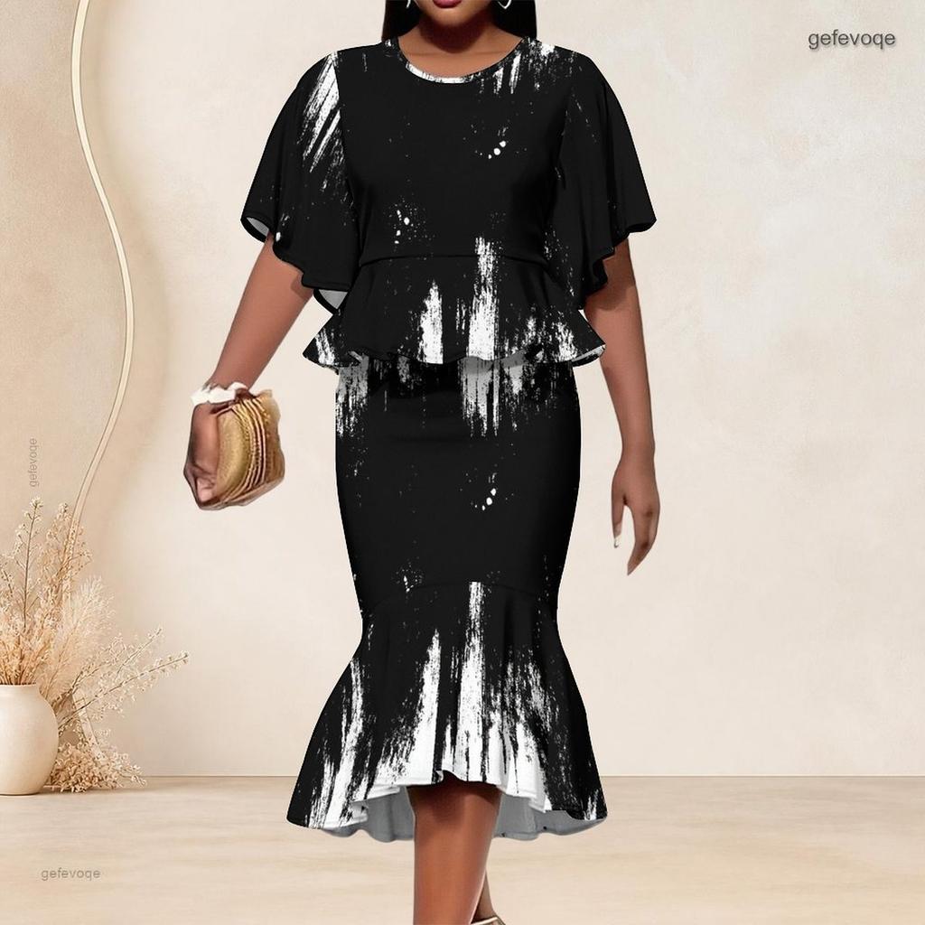 Women Plus Size Red Black Printed Round Neck Batwing Sleeve Ruffle Hem Top Fishtail Skirt Two Piece Set