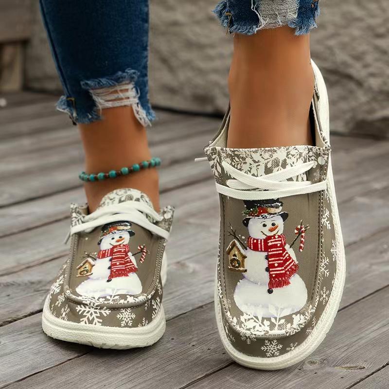 Christmas Snowman Reindeer Pattern Printed Loafers New Fashionable Lace Up Vulcanized Shoes Canvas Women's Flat Shoes Zapatos