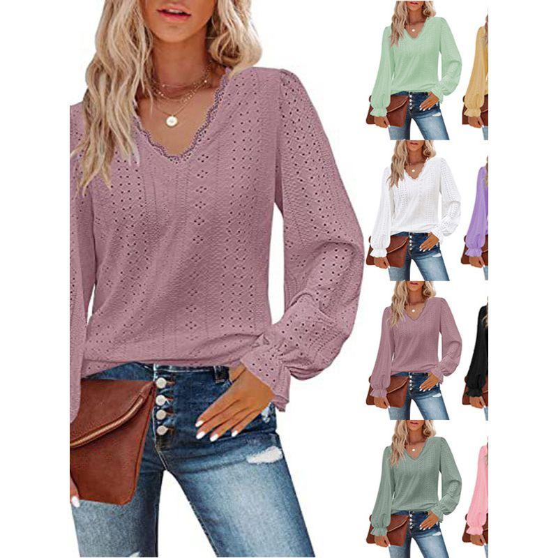 Loose Long-Sleeve Lace-Sleeve Top Solid Temperament Loose V-neck Long sleeve Top