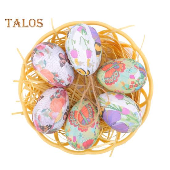 6 piezas de huevos de Pascua simulados pintados con cuerda para colgar, adornos de huevos de Pascua artificiales con canasta para accesorios de fiesta de vacaciones de primavera