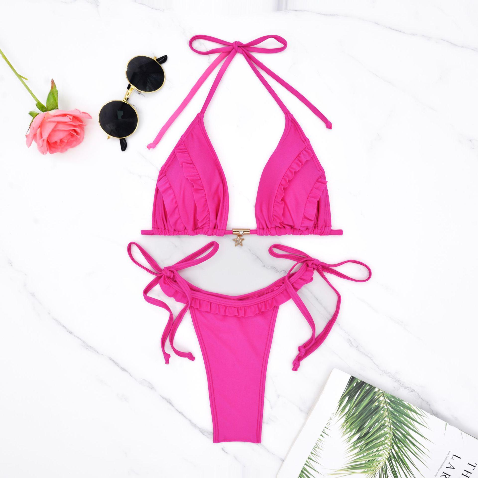 

Однотонный нейлоновый легкий модный сексуальный простой раздельный купальник бикини с бретельками S розы красного