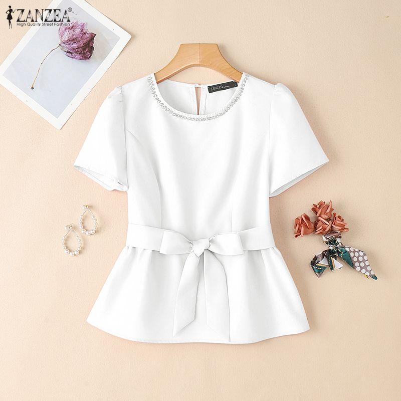 

ZANZEA Women Casual O-neck Solid Color Short Sleeve Bow Belt Blouse 5XL белый