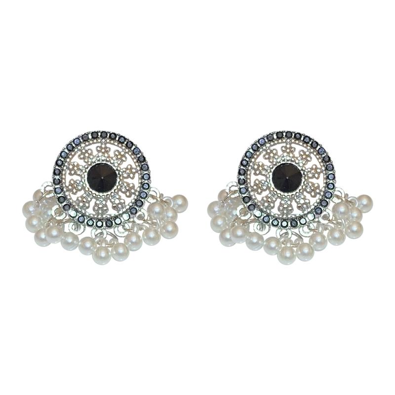 Miaojiang Girl Pearl Fringed Earrings Retro Ethnic Style Black Round Diamond Stud Earrings Unique Personalized Ear Jewelry