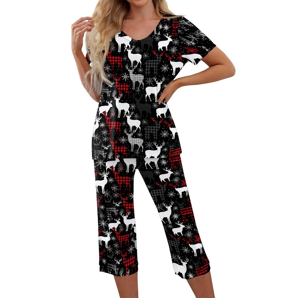 Women's Christmas Print Two Piece Athletic Outfit Short Sleeve Top and Casual Pants