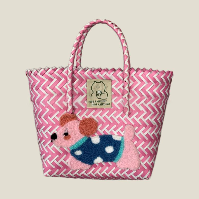 Retro Striped Dachshund Dog Woven Bag Trendy Cute Handbag Large Capacity Tote Bag  Bamboo Handle Vegetable Basket Bag