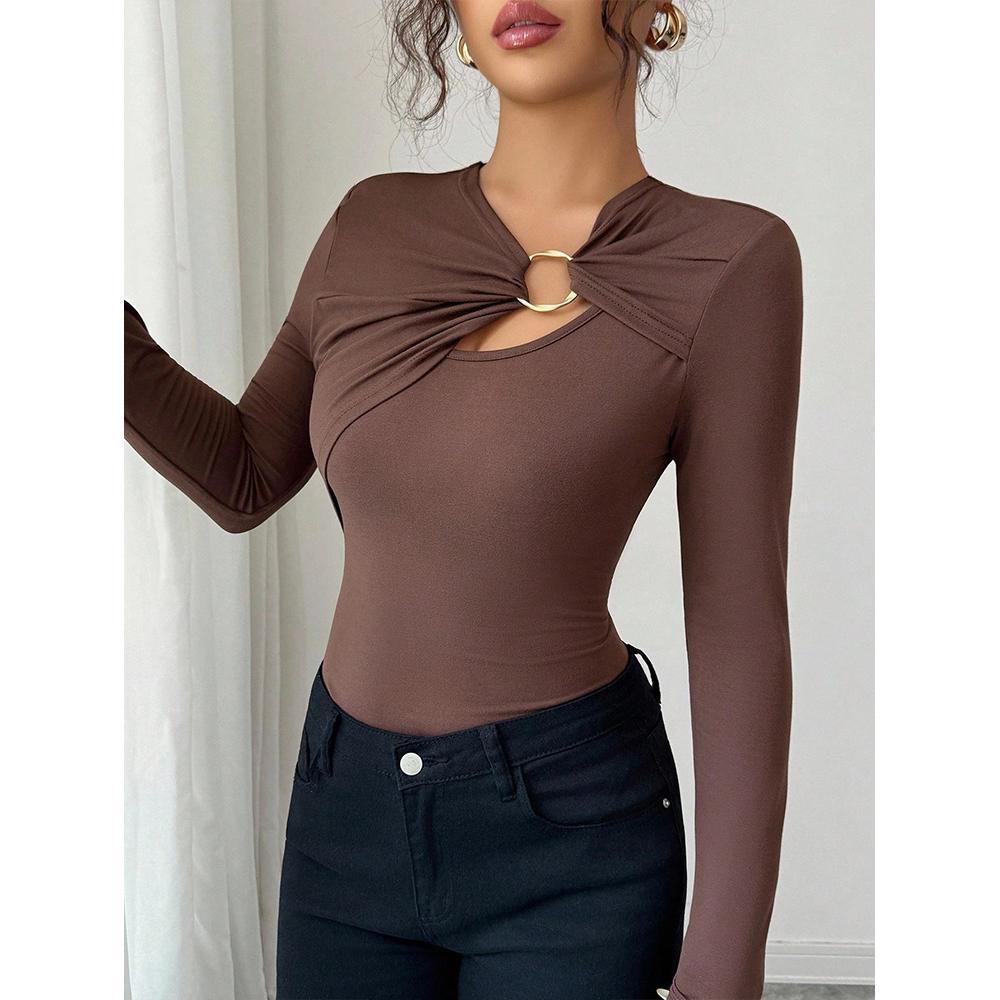 

Женская футболка с длинным рукавом, асимметричным вырезом и металлическим кольцом, облегающая, с драпировкой, топы для выхода в свет XL кофейный