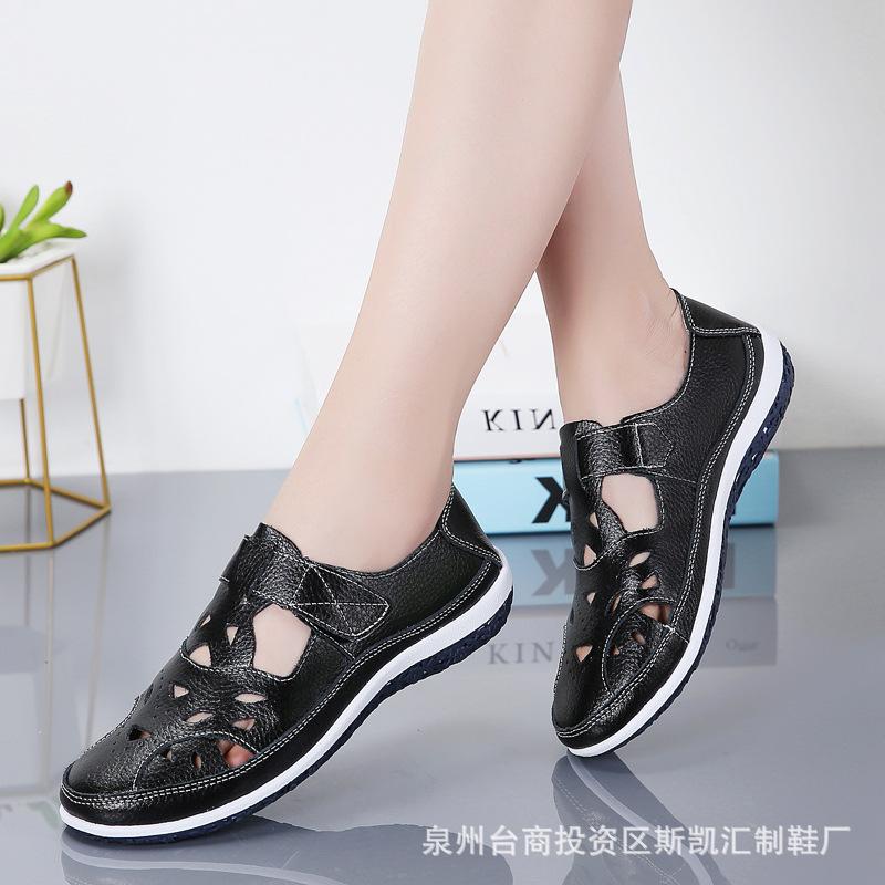 Sandały damskie z prawdziwej skóry 2024 Lato Ręcznie robione Damskie buty Skórzane sandały Kobiety Płaskie Buty plażowe Retro Buty dla matki