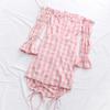Women Off Shoulder Long Puff Sleeve Plaid Drawstring Bodycon Strapless Dress