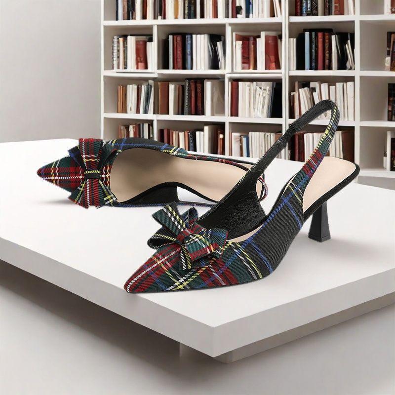 Women's Plaid Slingback Kitten Heels Closed Pointed Toe Bow Tie Slip On Work Pumps Ankle Strap Stiletto Formal Party Wedding Dress Shoes for Women