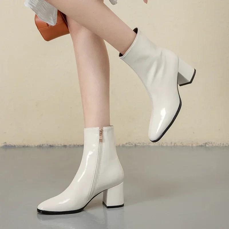 2025 New Women's Boots Autumn Women's Fashion Square High Heels Patent Leather Shoes Ankle Boots Black Women's Zipper Zapatos