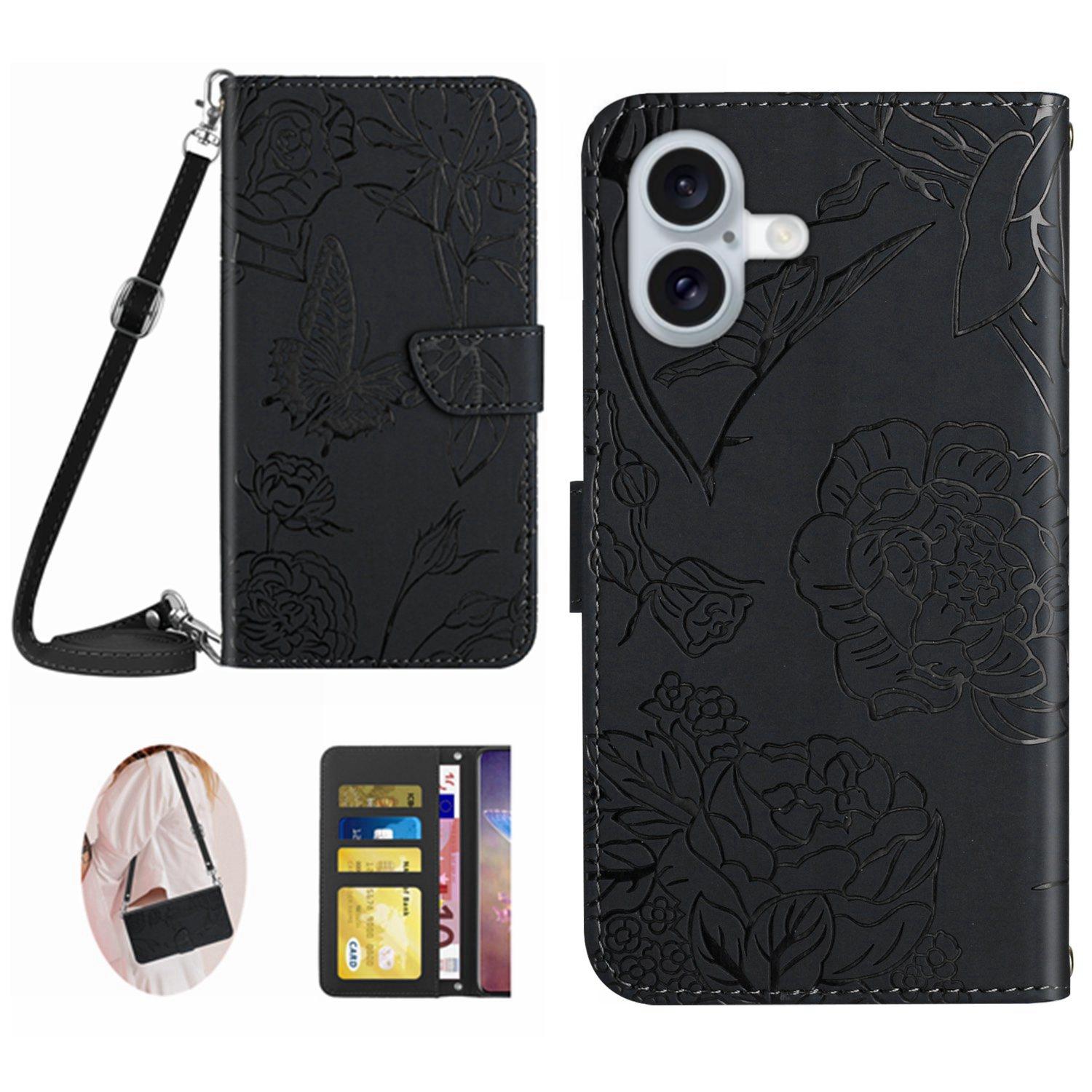

For iPhone 17 Case Butterfly Flower Imprint Leather Phone Cover with Shoulder Strap Black