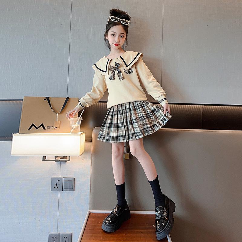 

Зимняя одежда для девочек-подростков, вязаный свитер с матросским воротником и клетчатые юбки-плиссе, комплект из 2 предметов для детей, верх и низ 170 абрикосовый