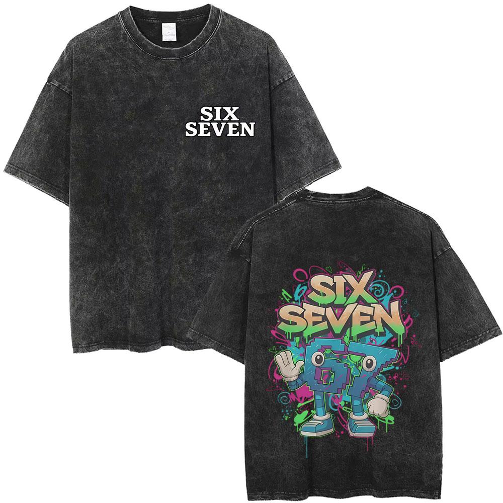 Funny Italian Brainrot Vintage Washed Tshirt Six Seven Number Tshirt Men Women Casual Oversized Streetwear Male Casual Tees