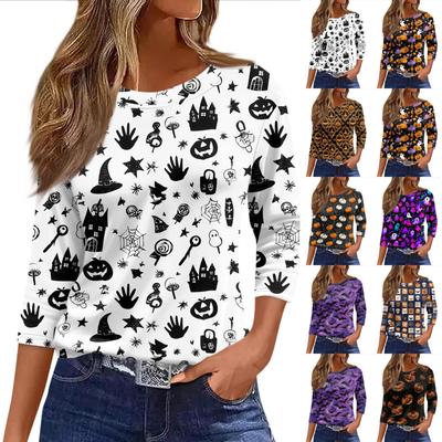 Women 3/4 Sleeve Casual Loose Fit Shirt Round Neck Halloween Pumpkin Print T-Shirt Top for Everyday Wear