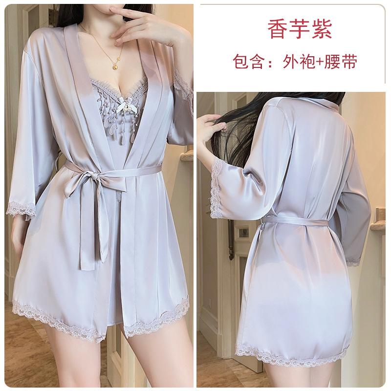 Women's Silky Deep V Cutout Padded Backless Cami Dress with Robe Lounge Set