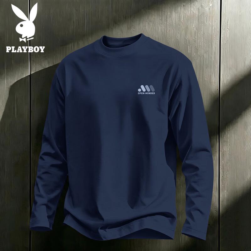 PLAYBOY Men's Long-Sleeve Pure Cotton Crewneck T-Shirt