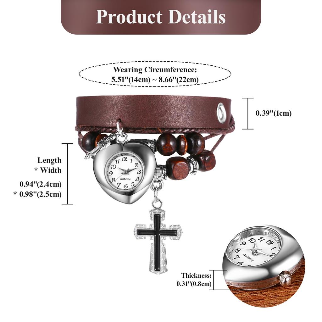 Gothic Cross Wristwatch with Antique Leather Strap: Waterproof Analog Display with Wooden Beads and Leather Bracelet, Stylish Brown Quartz Watch -