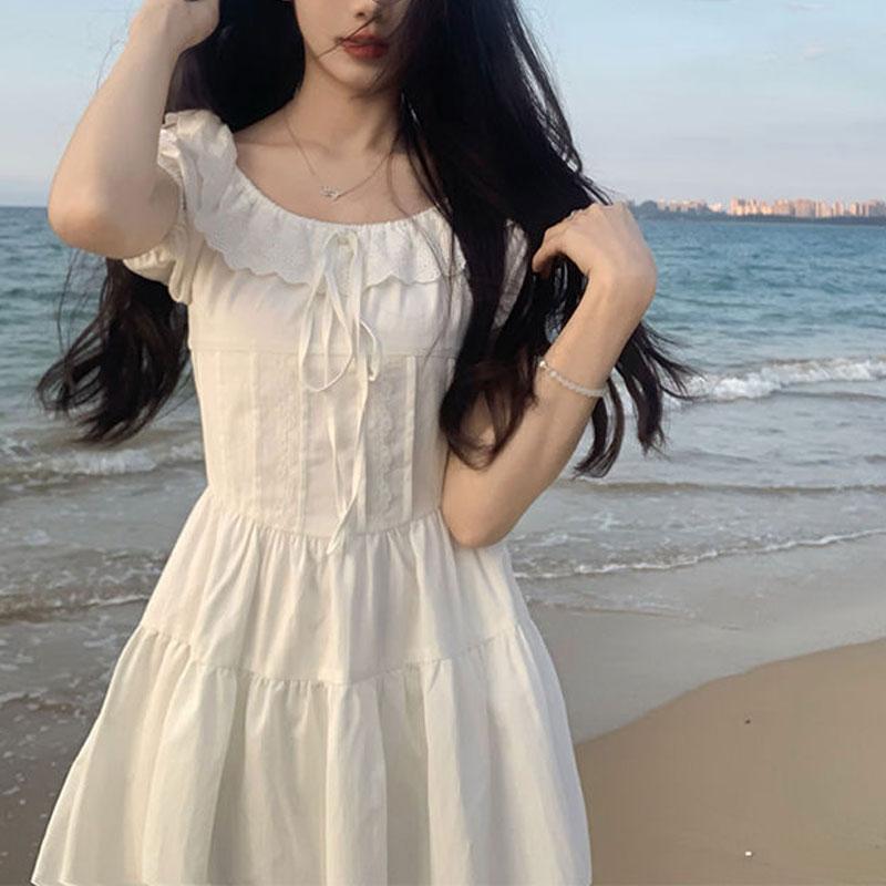 Stylish Lace Spliced Drawstring Mini Dress 2025 Summer Sweet A-Line Waist Female Clothing Solid Color Basic Puff Sleeve Dresses