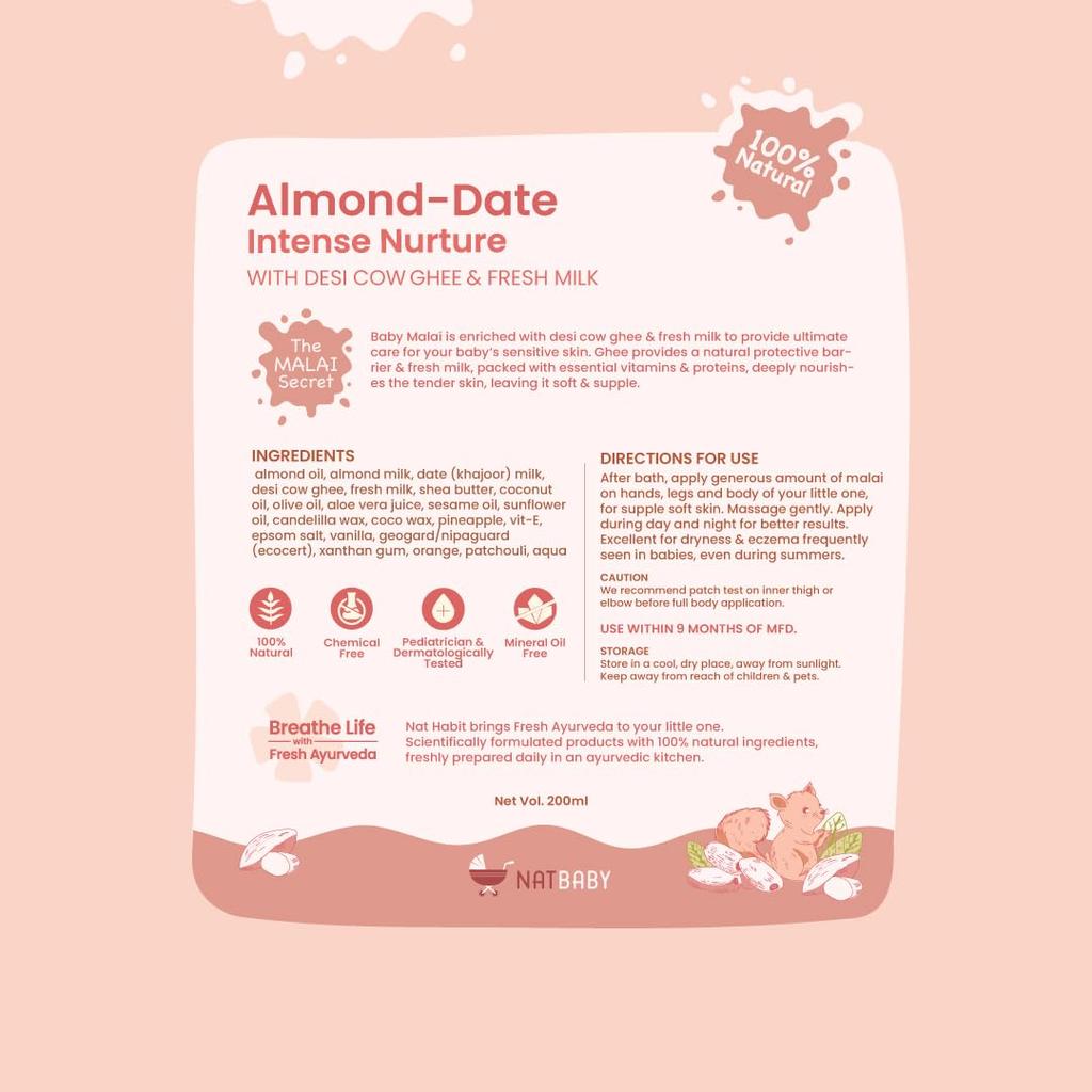 Nat Habit Baby Malai Lotion Almond And Date Daily Moisturizer For Deep Hydration And Gentle Skin Barrier Protection 200ml