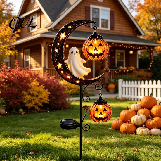 Dekorative Metall-Gartenstäbe Solar Halloween Gartenstecker-Licht, Automatisches Ein-/Ausschalten Halbmond Schwarze Katze mit Hängenden Gruseligen Außen-Terrassen-Akzenten Kürbis