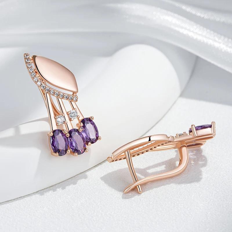 Oval Purple Zircon Geometric Design Drop Earrings for Women Glossy Golden Unique Earrings Accessories Party Daily Personality Jewelry