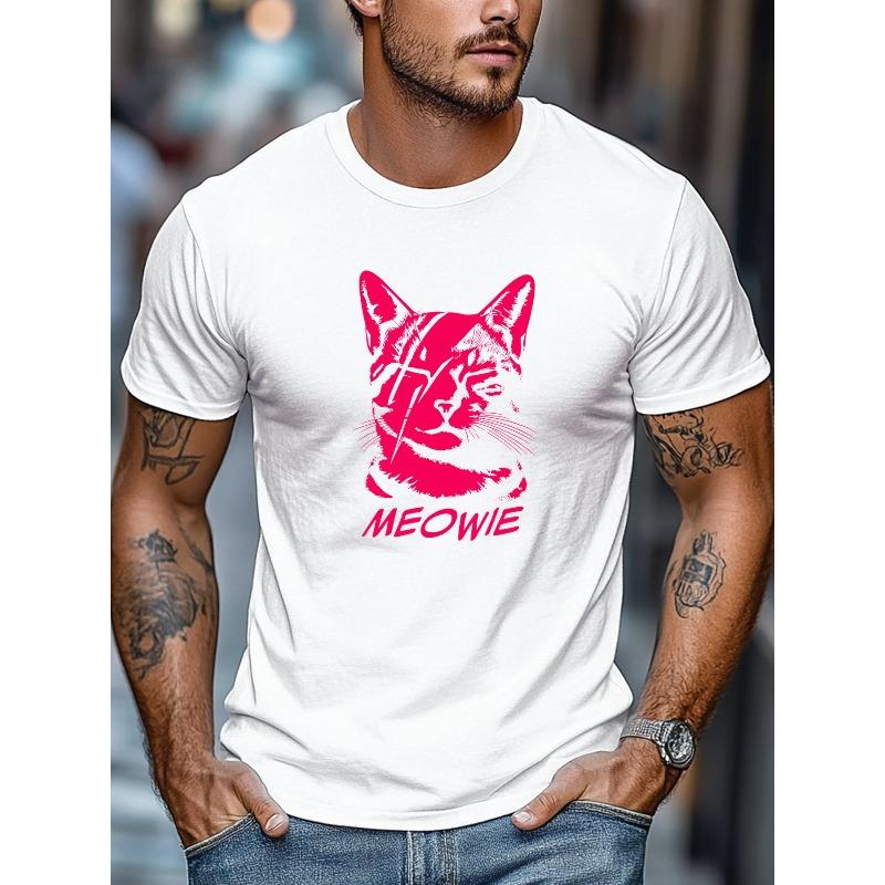 Plus-size Men s T-shirt, Relaxed and Casual, Men s Red Cat Pattern with MEOWIE Summer Casual Crew Neck Short Sleeve T-shirt, PLUS SIZE S белый