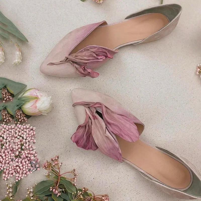 Fashion Super Nice Shoes Women's New Summer Niche Design Sandals Aesthetic Petal Pointed Toe Shallow Flat Shoes Handmade