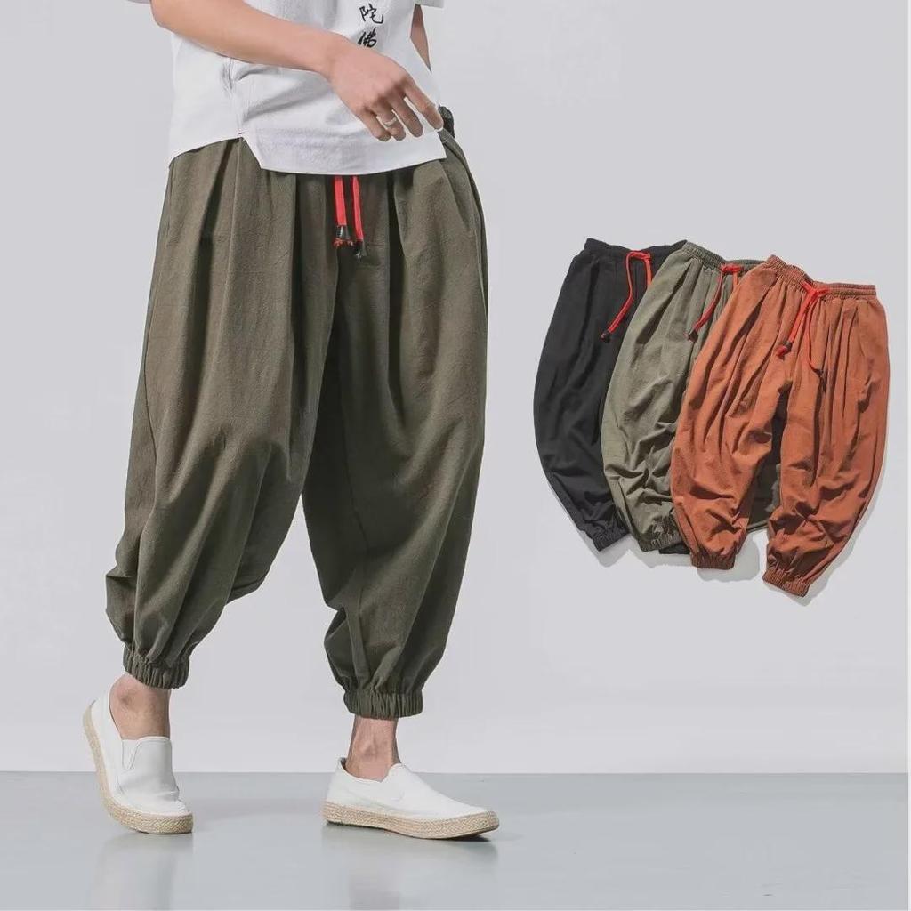 Men's Summer Loose Fit Cotton-Linen Nine-Point Wide-Leg Pants